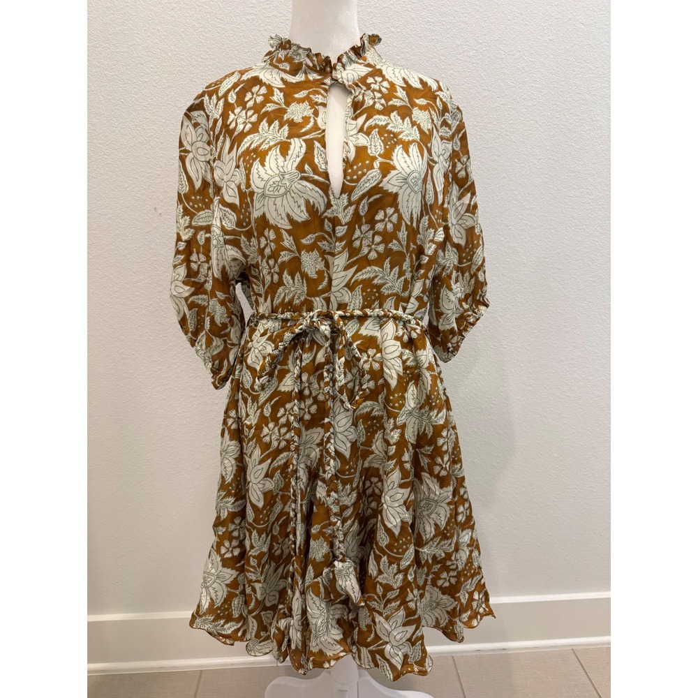 Hannah Artwear Silk Floral‎ Mini Dress Ochre Brown Woodblock Print Size 1